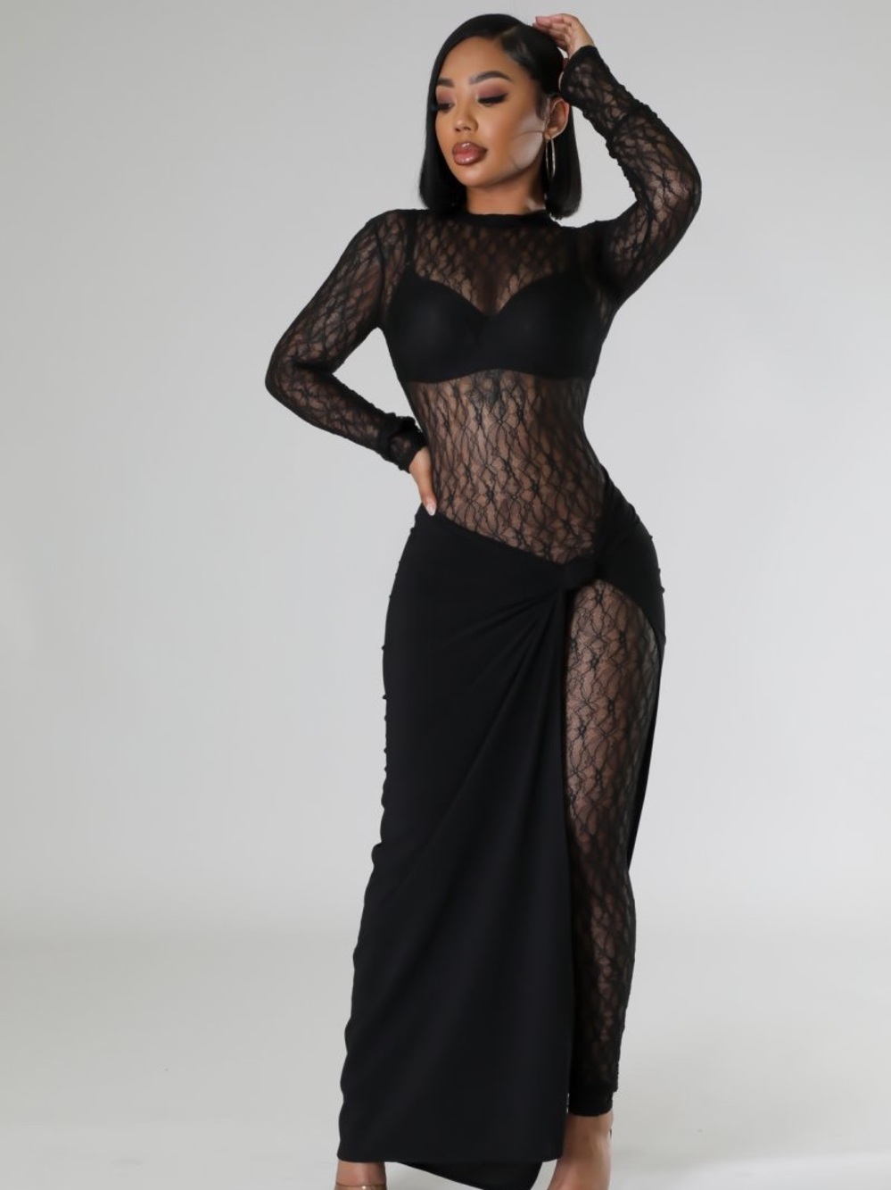 Black Lace Sheer Jumpsuit/ Cover-Up Skirt Set